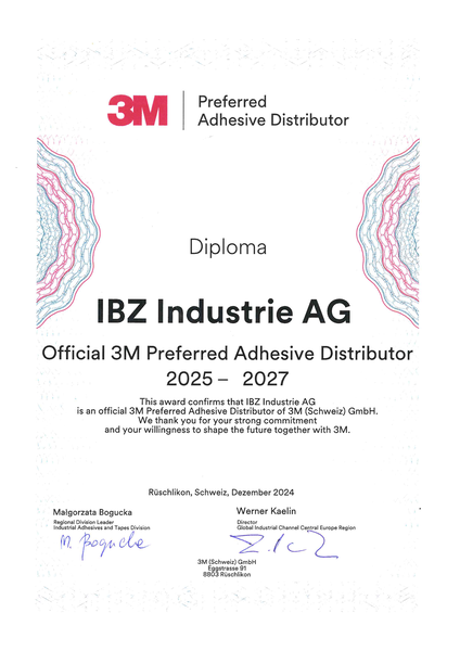 Diplom 3M Preferred Distributor IBZ Das Diplom zeigt die aufschrift 3m preferred adhesive distributor, wobei die kopfzeile das 3m logo abbildet. unten sind die unterschriften der 3M Director . Im Hintergrund sind dünne farbige muster zu erkennen