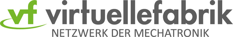 virtuelle fabrik logo, netzwerk der mechatronik. vf ist links in grün, der rest der augfschrift ist in grau und auf weissem hintergrund