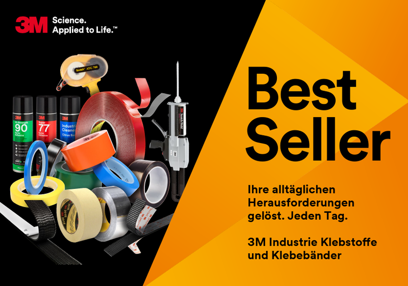 Bestseller-Brochure. 3M Industrie Klebstoffe und Klebebänder. Oranges bild mit schwarzer 3m-aufschrift. Ihre täglichen herausforderungen gelöst.